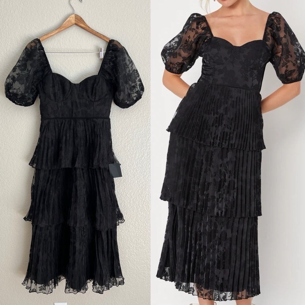Posh Delight Black Floral Jacquard Pleated Midi Dress